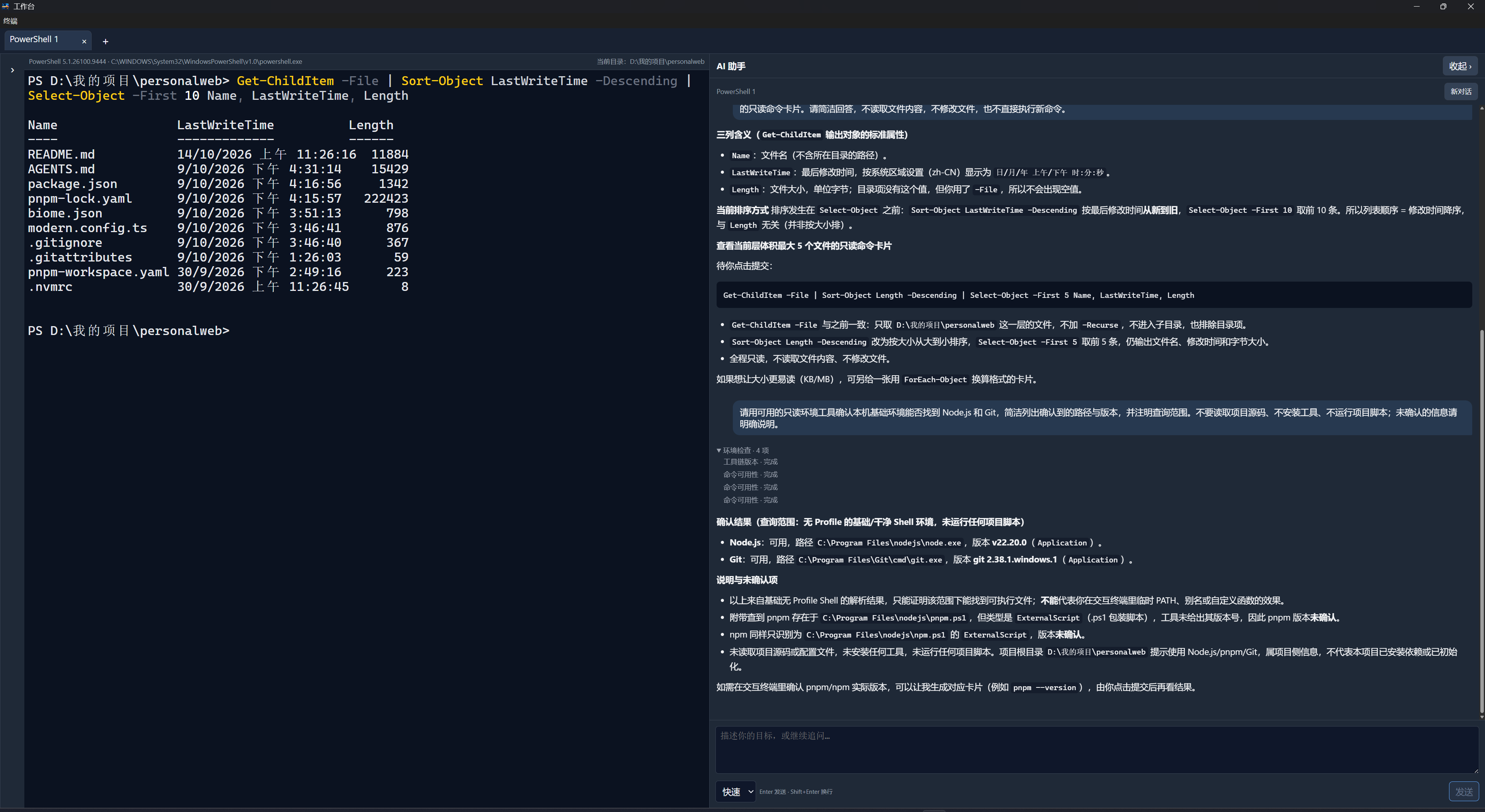 AI 环境检查完成，回答给出 Node.js 与 Git 的路径版本并说明查询范围